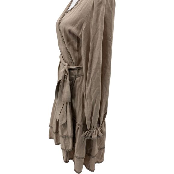 Menti Neutral Linen Blend Wrap Dress sz S Made in Greece Balloon Sleeves Ruffles - Picture 12 of 14